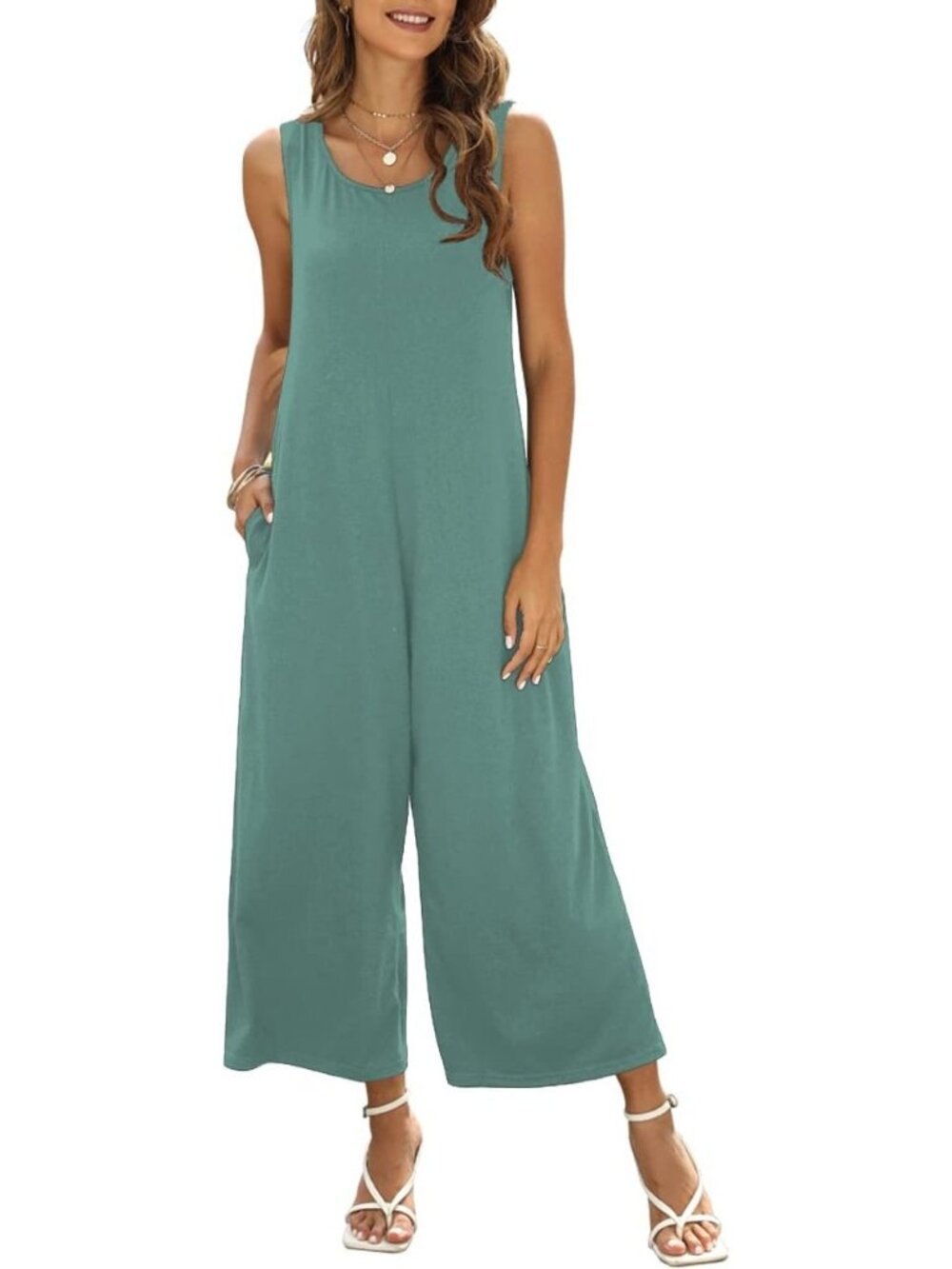 Women's Jumpsuit Light Green Crewneck Loose Sleeveless Outfit With Pocket Romper